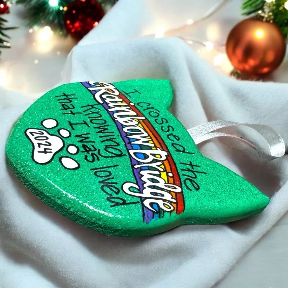 Purr-fect Tribute: Custom Hand-painted Rainbow Bridge Cat Ornament, Personalized
